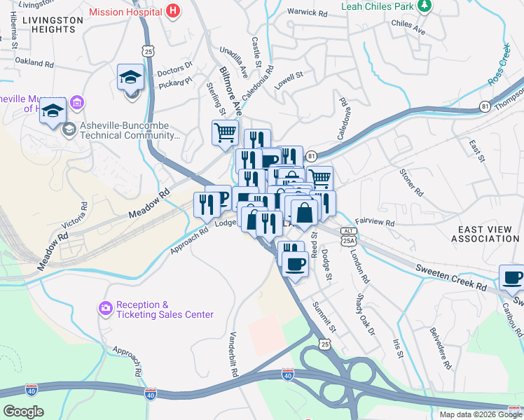 map of restaurants, bars, coffee shops, grocery stores, and more near in Biltmore Forest