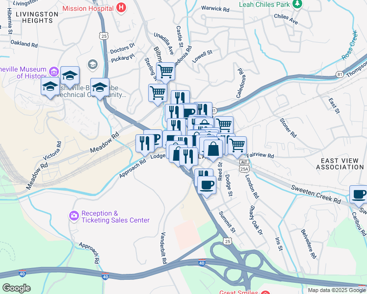 map of restaurants, bars, coffee shops, grocery stores, and more near 59 Hendersonville Road in Asheville