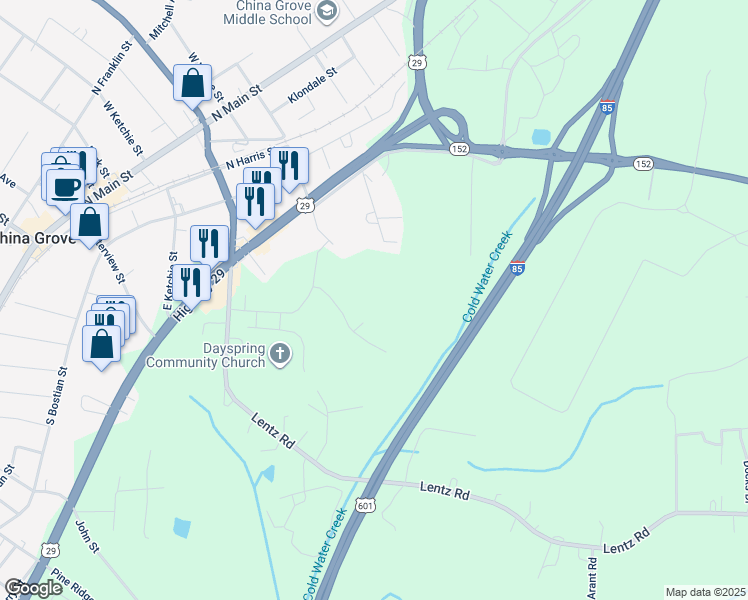 map of restaurants, bars, coffee shops, grocery stores, and more near Grove Street in China Grove