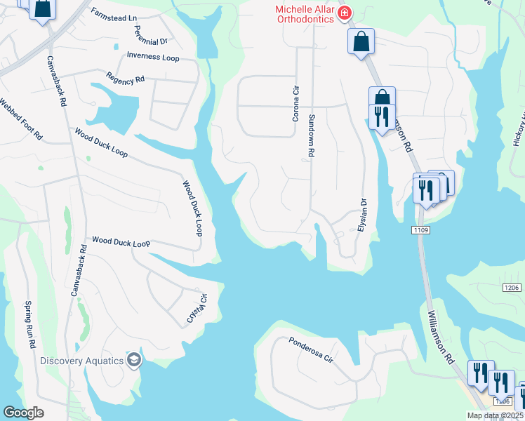 map of restaurants, bars, coffee shops, grocery stores, and more near 360 Sundown Road in Mooresville