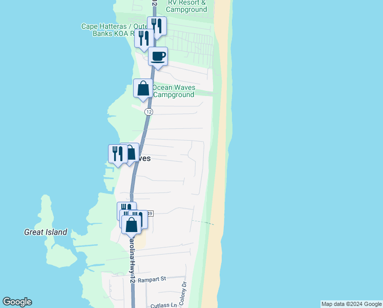 map of restaurants, bars, coffee shops, grocery stores, and more near 25278 Sea Isle Hills Drive in Dare County