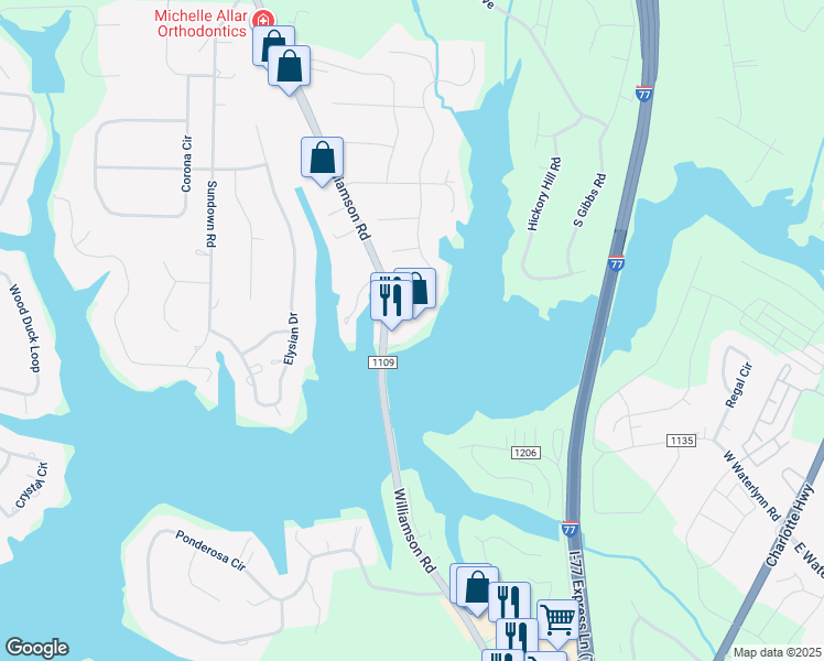 map of restaurants, bars, coffee shops, grocery stores, and more near 637 Williamson Road in Mooresville