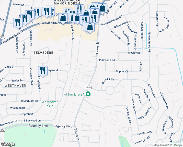 map of restaurants, bars, coffee shops, grocery stores, and more near 3414 Evans Street in Greenville