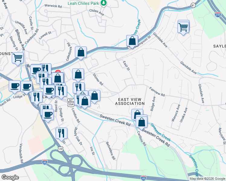 map of restaurants, bars, coffee shops, grocery stores, and more near 240 Fairview Road in Asheville
