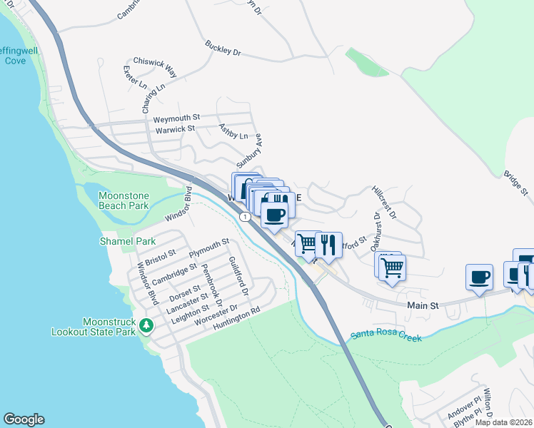 map of restaurants, bars, coffee shops, grocery stores, and more near 816 Main Street in Cambria