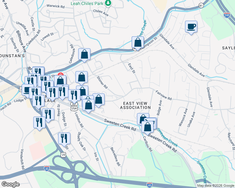 map of restaurants, bars, coffee shops, grocery stores, and more near 240 Fairview Road in Asheville