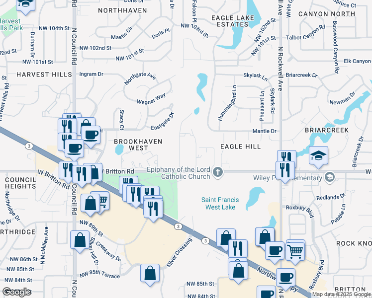 map of restaurants, bars, coffee shops, grocery stores, and more near 7501 West Britton Road in Oklahoma City