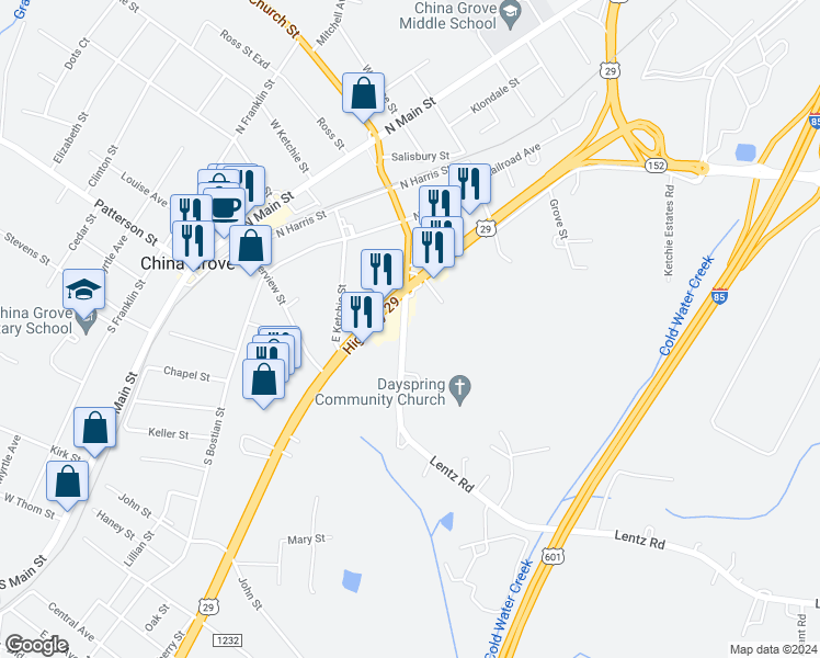 map of restaurants, bars, coffee shops, grocery stores, and more near 490 Lentz Road in China Grove