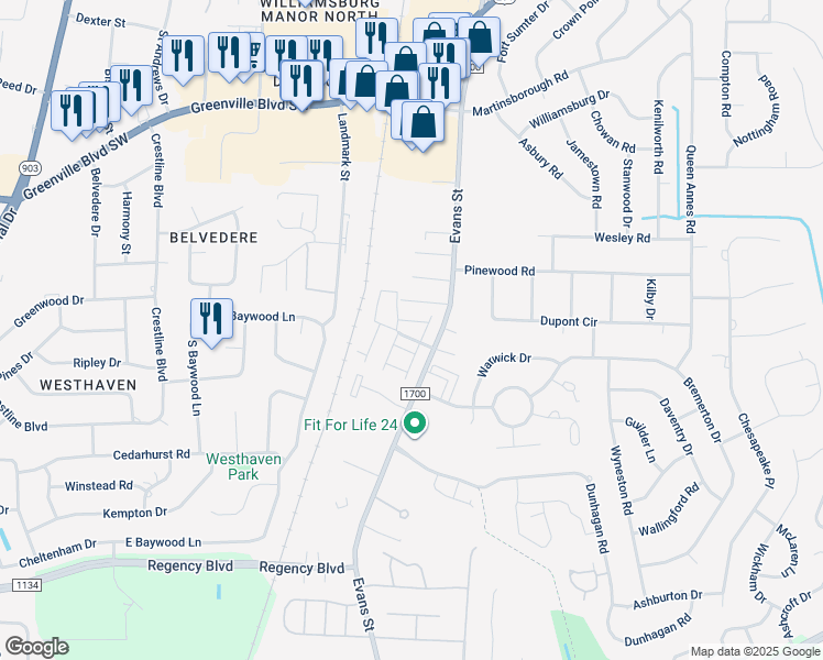 map of restaurants, bars, coffee shops, grocery stores, and more near 110 West Victoria Court in Greenville