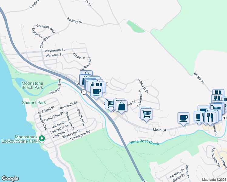 map of restaurants, bars, coffee shops, grocery stores, and more near 2010 Hillcrest Drive in Cambria