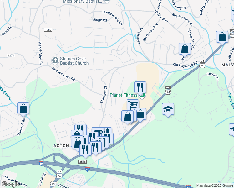 map of restaurants, bars, coffee shops, grocery stores, and more near 21 Myra Place in Asheville
