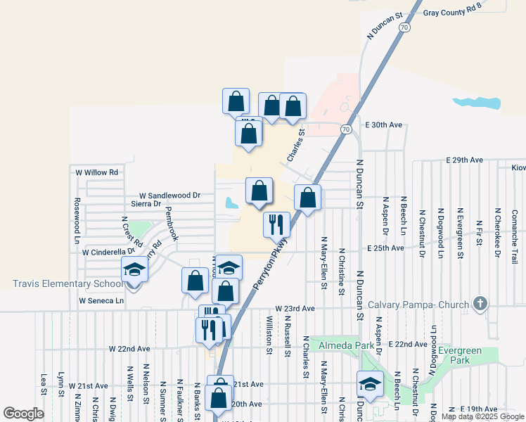 map of restaurants, bars, coffee shops, grocery stores, and more near 2798 North Hobart Street in Pampa