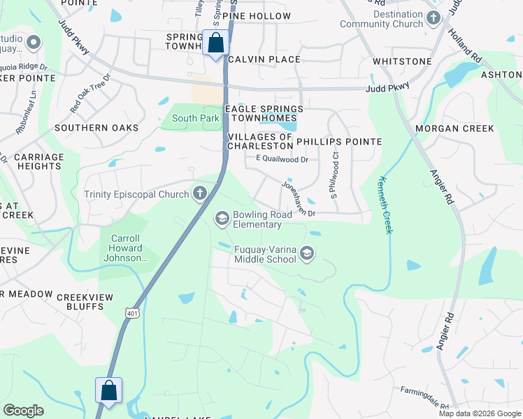 map of restaurants, bars, coffee shops, grocery stores, and more near 1105 South Main Street in Fuquay-Varina
