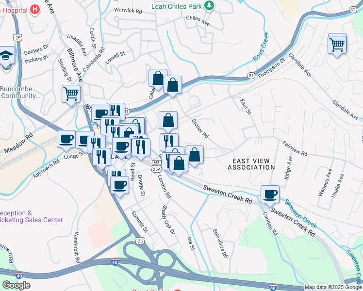 map of restaurants, bars, coffee shops, grocery stores, and more near 100 District Drive in Asheville