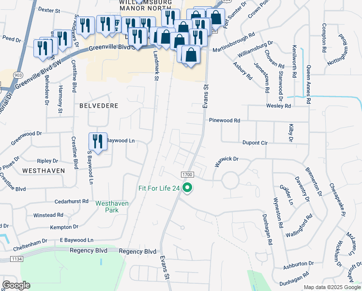 map of restaurants, bars, coffee shops, grocery stores, and more near 100 West Victoria Court in Greenville