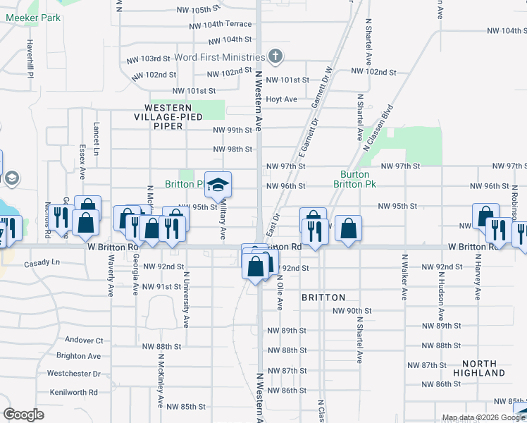 map of restaurants, bars, coffee shops, grocery stores, and more near 9615 North Western Avenue in Oklahoma City