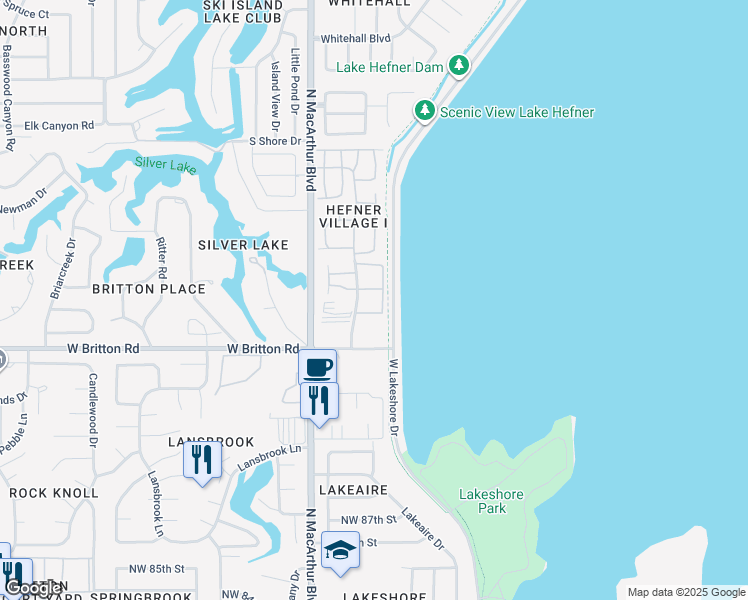 map of restaurants, bars, coffee shops, grocery stores, and more near 9714 Hefner Village Boulevard in Oklahoma City