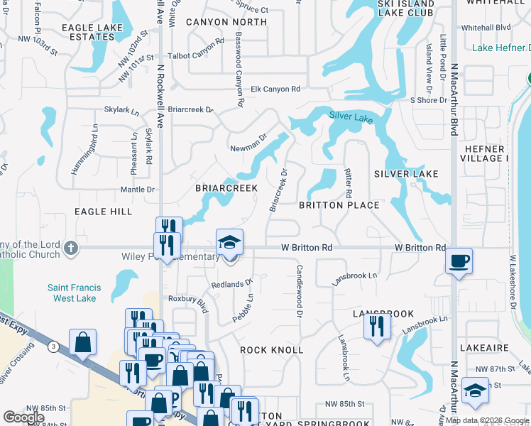 map of restaurants, bars, coffee shops, grocery stores, and more near 9617 Briarcreek Drive in Oklahoma City