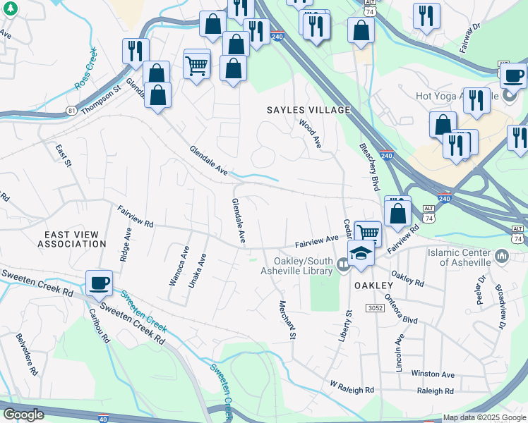 map of restaurants, bars, coffee shops, grocery stores, and more near 16 Dawson Place in Asheville