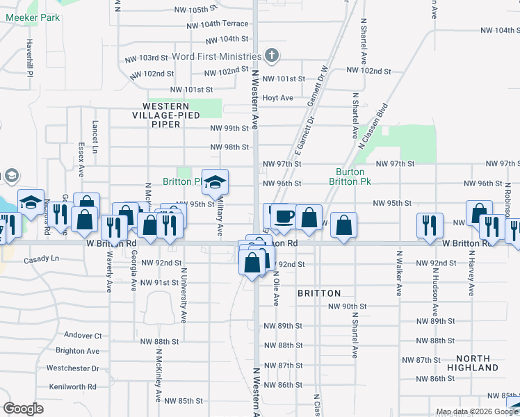 map of restaurants, bars, coffee shops, grocery stores, and more near 9615 North Western Avenue in Oklahoma City