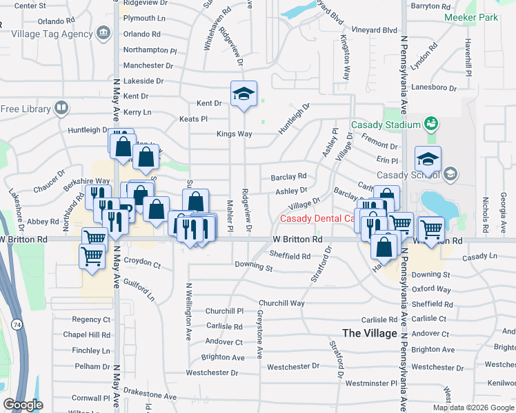 map of restaurants, bars, coffee shops, grocery stores, and more near 2501 Ashley Drive in The Village