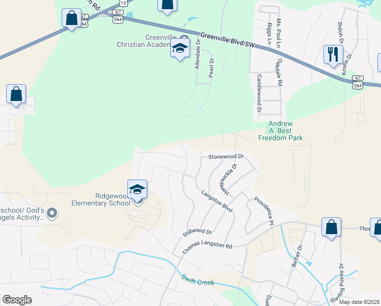 map of restaurants, bars, coffee shops, grocery stores, and more near 3290 Langston Boulevard in Winterville