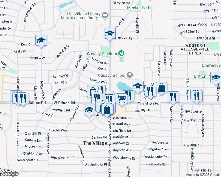 map of restaurants, bars, coffee shops, grocery stores, and more near 9500 North Pennsylvania Avenue in Oklahoma City