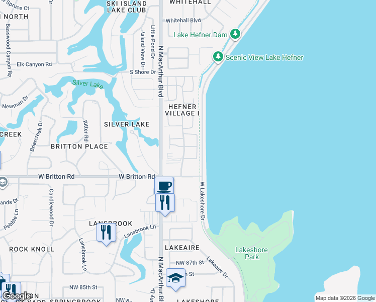 map of restaurants, bars, coffee shops, grocery stores, and more near 9634 Hefner Village Boulevard in Oklahoma City