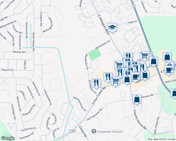 map of restaurants, bars, coffee shops, grocery stores, and more near 1630 Wimbledon Drive in Greenville