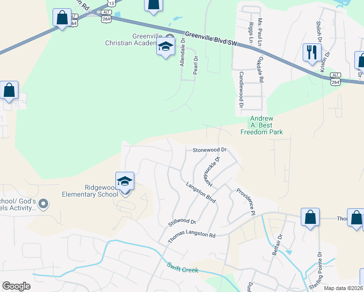 map of restaurants, bars, coffee shops, grocery stores, and more near 3290 Langston Boulevard in Winterville