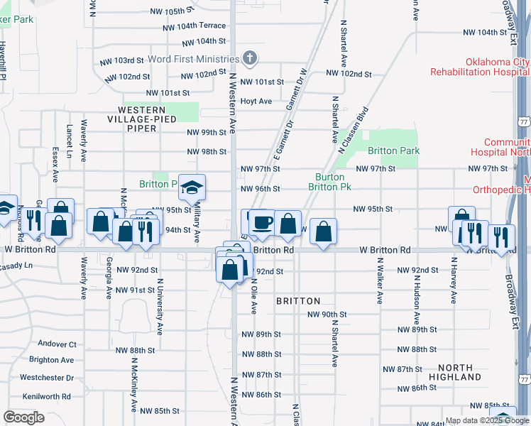 map of restaurants, bars, coffee shops, grocery stores, and more near 908 Northwest 95th Street in Oklahoma City
