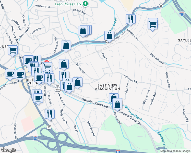 map of restaurants, bars, coffee shops, grocery stores, and more near 9 Melody Lane in Asheville