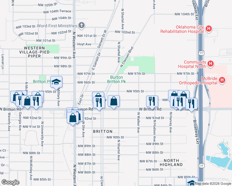 map of restaurants, bars, coffee shops, grocery stores, and more near 9601 North Shartel Avenue in Oklahoma City