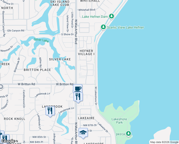 map of restaurants, bars, coffee shops, grocery stores, and more near 9714 Hefner Village Boulevard in Oklahoma City