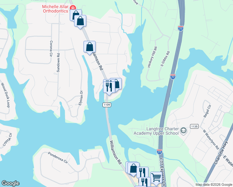 map of restaurants, bars, coffee shops, grocery stores, and more near 637 Williamson Road in Mooresville