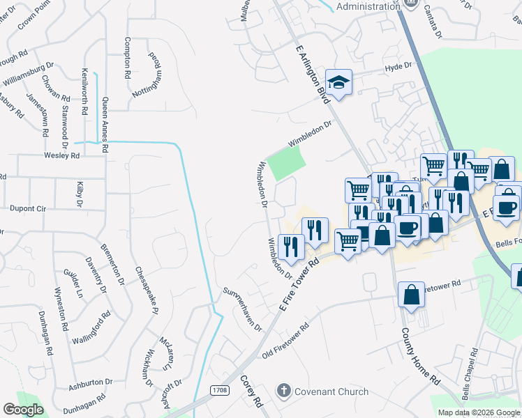 map of restaurants, bars, coffee shops, grocery stores, and more near 1623 Wimbledon Drive in Greenville
