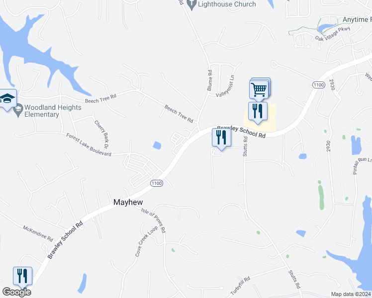 map of restaurants, bars, coffee shops, grocery stores, and more near 1183 Brawley School Road in Mooresville