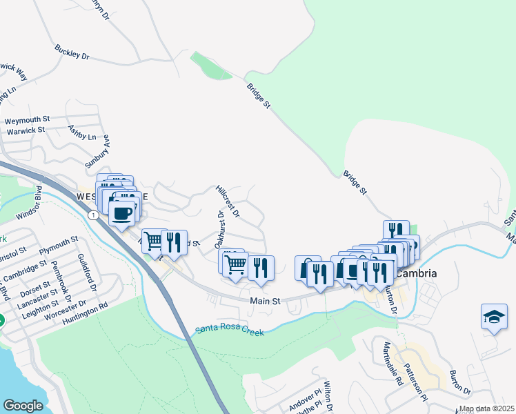map of restaurants, bars, coffee shops, grocery stores, and more near 5537 Oakhurst Drive in Cambria