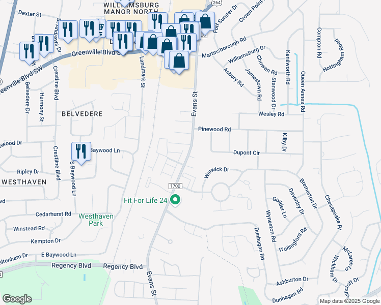 map of restaurants, bars, coffee shops, grocery stores, and more near 3414 Sara Lane in Greenville