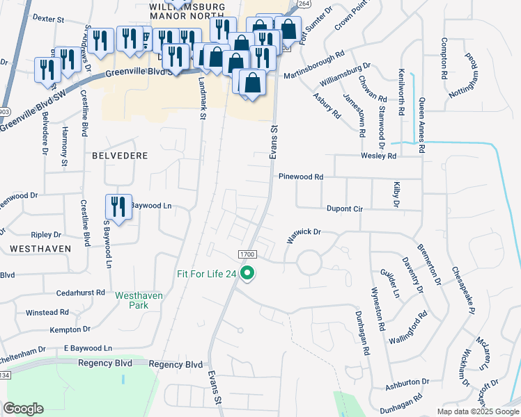 map of restaurants, bars, coffee shops, grocery stores, and more near 3414 Sara Lane in Greenville