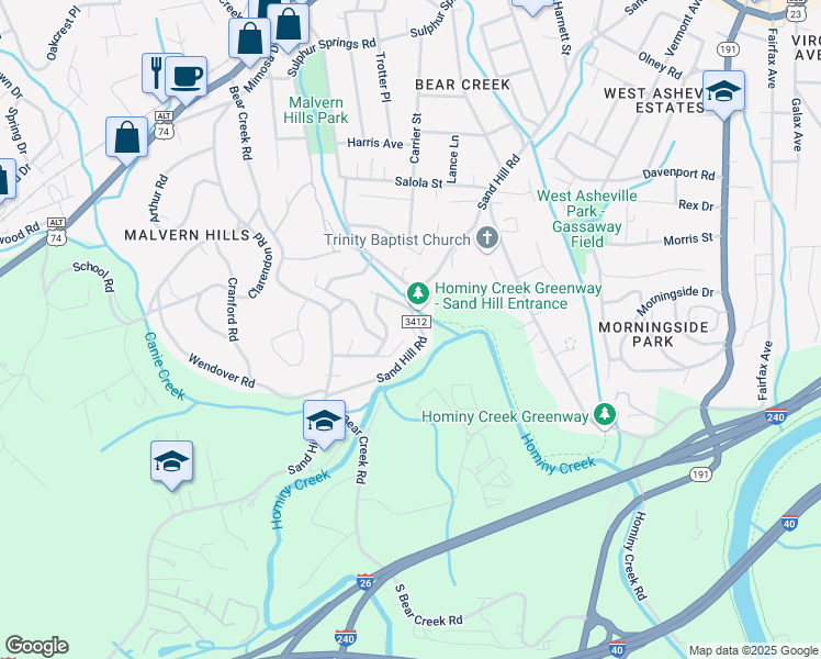 map of restaurants, bars, coffee shops, grocery stores, and more near 53 Merion Drive in Asheville