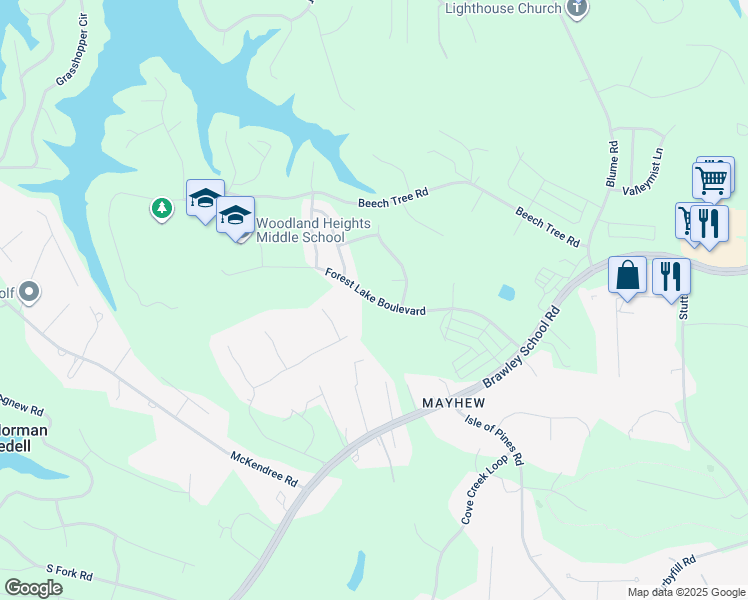 map of restaurants, bars, coffee shops, grocery stores, and more near Forest Lake Boulevard in Mooresville