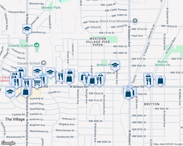 map of restaurants, bars, coffee shops, grocery stores, and more near 1401 Northwest 95th Street in Oklahoma City