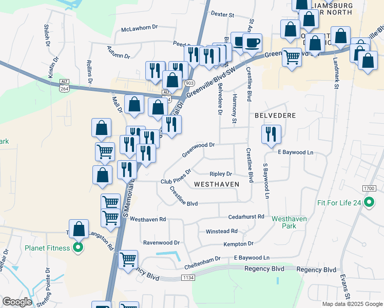 map of restaurants, bars, coffee shops, grocery stores, and more near 116 Greenwood Drive in Greenville