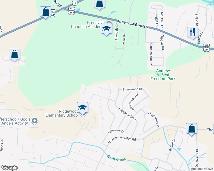 map of restaurants, bars, coffee shops, grocery stores, and more near 3290 Langston Boulevard in Winterville