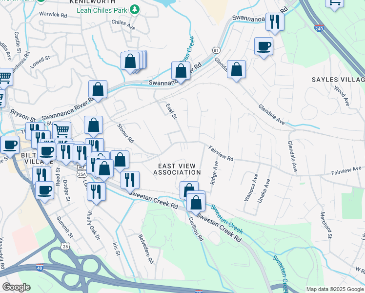 map of restaurants, bars, coffee shops, grocery stores, and more near 343 Fairview Road in Asheville