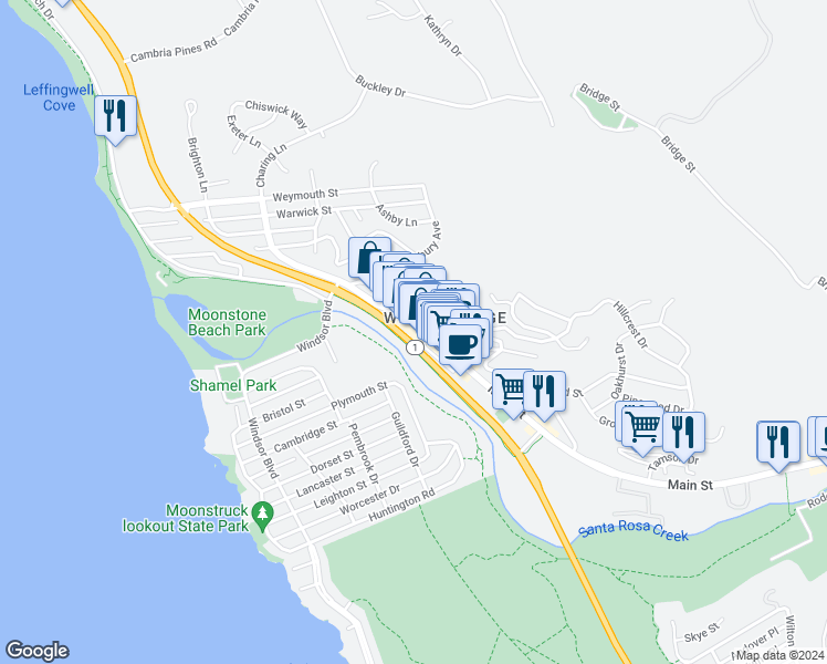 map of restaurants, bars, coffee shops, grocery stores, and more near 724 Main Street in Cambria