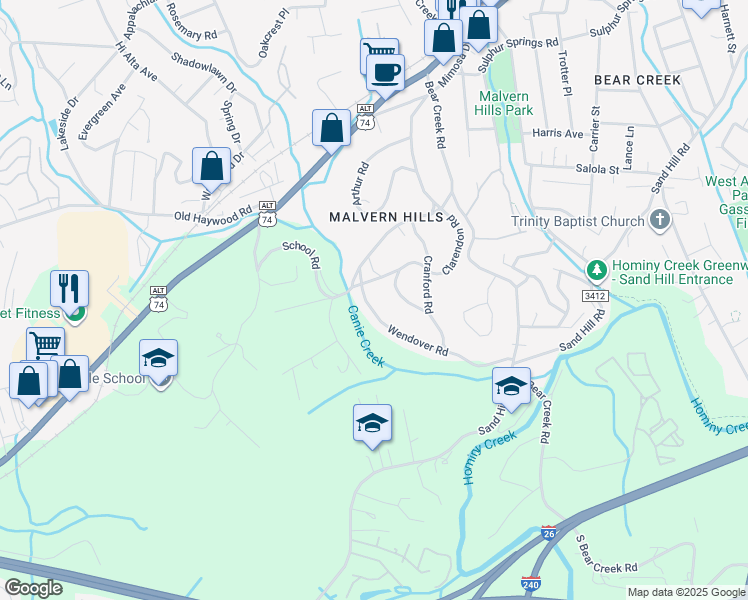 map of restaurants, bars, coffee shops, grocery stores, and more near 31 Wendover Road in Asheville