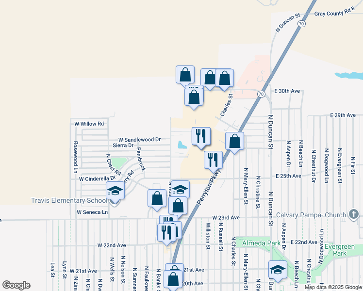 map of restaurants, bars, coffee shops, grocery stores, and more near 2700-2798 North Hobart Street in Pampa