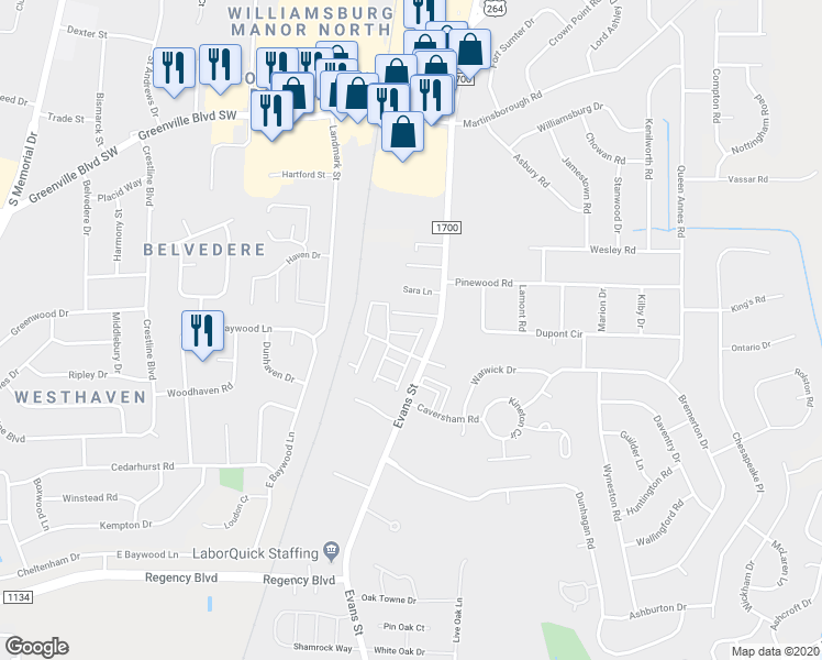 map of restaurants, bars, coffee shops, grocery stores, and more near 3414 Sara Lane in Greenville